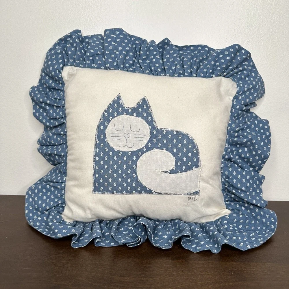 Vintage Quilt Cat Throw Pillow Blue Ruffle Grannycore Embroidered Handmade Kitty